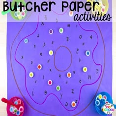 a paper plate with buttons on it and the words butcher paper activities in front of it