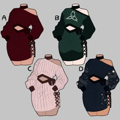 four different colored sweaters are shown with the letters b and c on them,