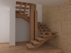 there is a wooden staircase in the room