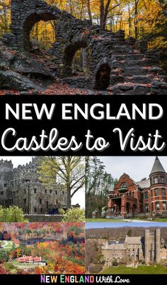 the new england castles to visit book cover with images of castle ruins and trees in autumn