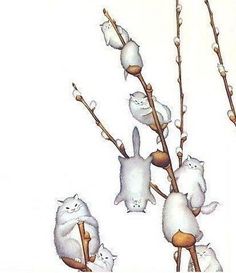 three white cats sitting on top of a tree branch