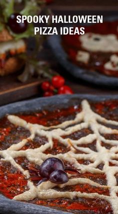 two pizzas sitting on top of pans covered in sauce and toppings with the words spooky halloween pizza ideas