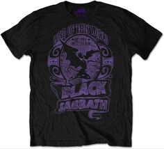 a black t - shirt with purple lettering on it