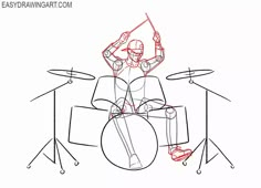 a drawing of a man playing drums on a drum set with the words easy drawing tips