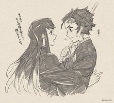 an anime drawing of two people with long hair, one holding the other's head