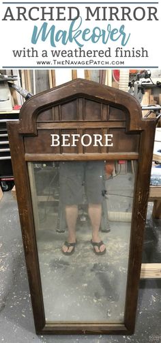 an old mirror with the words, before and after it is painted in dark brown