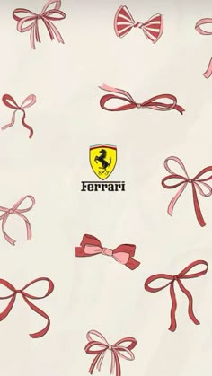 the ferrari logo is surrounded by pink bows and ribbons on a white background with red lettering that reads ferrari