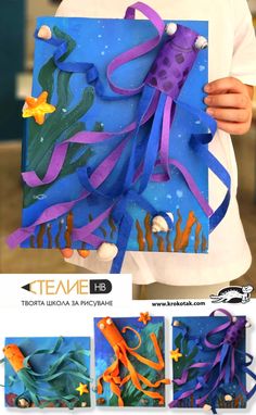 a kid holding up a paper cut out of an octopus and seaweed with different colors