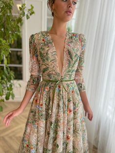 Green Floral Embroidered Dress For Gala, Green Floral Embroidery Dress For Gala, Lace Gala Dresses With Floral Print, Lace Dresses With Floral Print For Gala, Floral Print Lace Dresses For Gala, Elegant Green Gown For Garden Party, Elegant Green Evening Dress With Floral Embroidery, Green Lace Dress With Intricate Embroidery, Formal Garden Party Dress