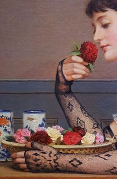 a painting of a woman with roses in her hand and tea cups on the table