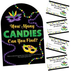 mardi gras candy bar wrappers with the words how many candies can you find?