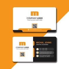 two business cards with an orange and black color scheme on the front, back and sides