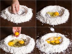 four pictures showing how to make an egg shell with flour and eggshells on top