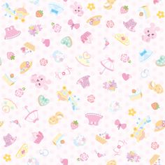 pink and yellow wallpaper with various baby items on the background, including teddy bears