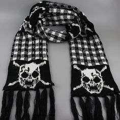 Material: Polyester knit Color: Black Pattern: Skull and plaids, Skulls Only Length: 160cm Emo Crochet, Harajuku Fashion Kawaii, Goth Skirts, Dark Skull, Gothic Tops, Gothic Skirts, Skull Scarf, Crop Top Sweatshirt, Uniform Fashion