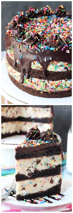 the cake has chocolate frosting and sprinkles on it's layers