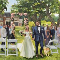 a painting of a bride and groom walking down the aisle after their wedding ceremony with guests