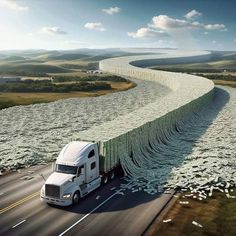 a large truck driving down a road next to a river