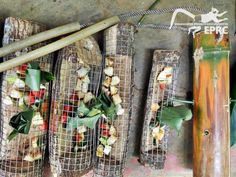 there are several baskets with vegetables in them on the ground next to some sticks and wires