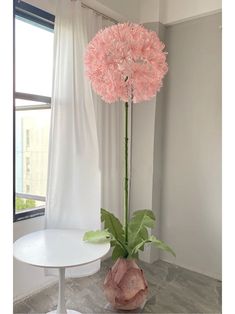 a large pink flower sitting in a vase on top of a table next to a window