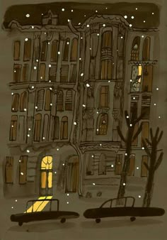 a drawing of a car parked in front of a building at night with snow falling on the ground