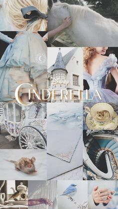 there is a collage of pictures with the words cinderella on it and an image of a horse