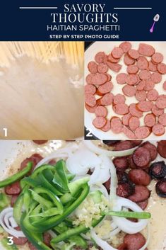 sausages, onions and green peppers are shown in this collage with the title savory thoughtts italian spaghetti