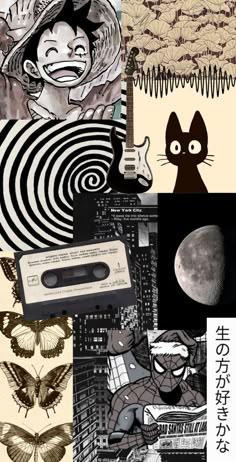 a collage of various images with different things in the middle one is an old cassette player, and the other has a cat on it's head