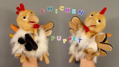 two stuffed chickens are being held up by someone's hands with the words chicken puppet on them