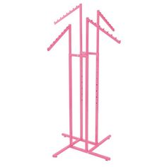 a pink coat rack with clothes hanging from it's top and two poles attached to the