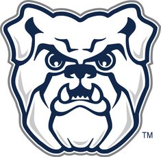 an angry bulldog's face with the word mt on it in blue and white