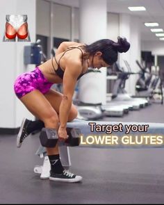 a woman squatting on a bench in a gym with the words, target your lower glutes