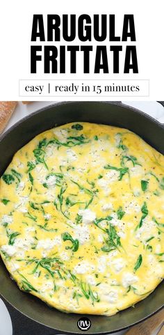 To view of a black skillet with arugula frittata. Arugula Frittata Recipes, Onion And Arugula Frittata, Eggs Arugula Breakfast, Summer Frittata Recipes, Eggs With Arugula, Breakfast With Arugula, Egg Arugula Breakfast, Arugula And Eggs, Arugula Egg Breakfast