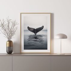 a black and white photo of a whale's tail in the water