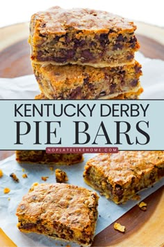 Kentucky Derby Pie Bars are cookie-like bars made with pecans and chocolate chips similar to Kentucky Derby Pie except they’re made with brown sugar but, not overly sweet. This finger dessert everyone will want to take a bite into. Derby Pie Bites, Derby Pie Bars, Kentucky Derby Desserts, Finger Dessert, Kentucky Derby Pie Recipe, Derby Pie Recipe, Award Winning Desserts