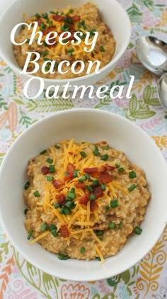 two bowls filled with cheesy bacon oatmeal on top of a table