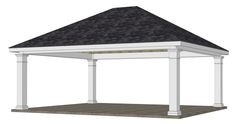 a white gazebo with black roof and shinding