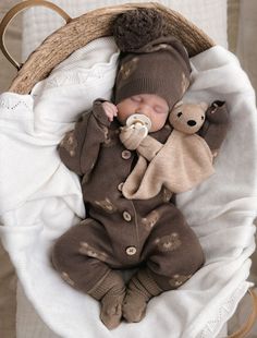 a baby is sleeping in a basket with a teddy bear