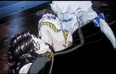 an anime character with white hair and blue eyes sitting in front of a black piano