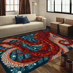 a living room area rug with an octopus on it