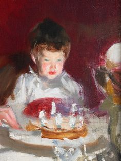 a painting of a child sitting at a table with a cake in front of him