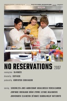 an advertisement for a restaurant with three people in the kitchen and one woman holding a child