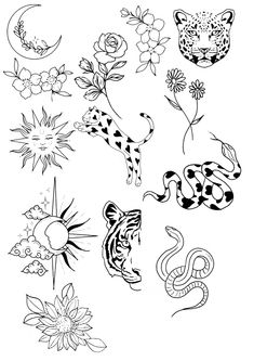 the different types of tattoos are shown in black and white, with flowers on each side