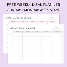 two meal planner pages with the text free weekly meal planner sunday / monday week start