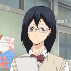 an anime character with glasses holding a book