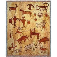 an ancient painting with animals and people on it