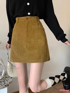 Qteee - Stylish Coffee-colored Corduroy High-waisted A-line Skirt with Hip-hugging Design Corduroy Midi Skirt, Midi Skirt Casual, Velvet Midi Skirt, Hugging Silhouette, Stylish Women Fashion, Crop Top Dress, Skirts Midi High Waisted, High Waisted Pencil Skirt, Coffee Color