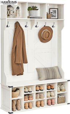 a white bench with shoes and hats on it