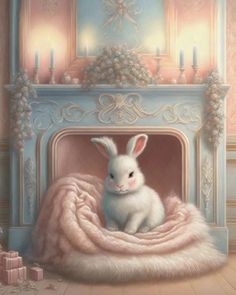 a painting of a white rabbit sitting on a blanket in front of a fire place