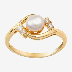 Add this silver treasures 14K gold over silver cultured freshwater pearl and Cubic Zirconia ring to your jewelry collection today! Ring is crafted in 14K gold over silver, features beautIful sparkling Cubic Zirconia and cultured freshwater pearl stones and is available in sizes 7 or 8. Wearing this ring with any wardrobe choice will add a bold statement. Wipe ring clean with a soft cloth.Pearl Type: Cultured Freshwater PearlsRing Style: Promise RingsFeatures: Nickel FreeStone Cut: RoundMetal Col Gold Pearl Wedding Rings, Pearl Promise Rings, Amethyst Jewelry Ring, Pearl Wedding Ring, Silver Promise Rings, Personalized Wedding Rings, Rings Promise, Promise Rings For Her, Amethyst Jewelry